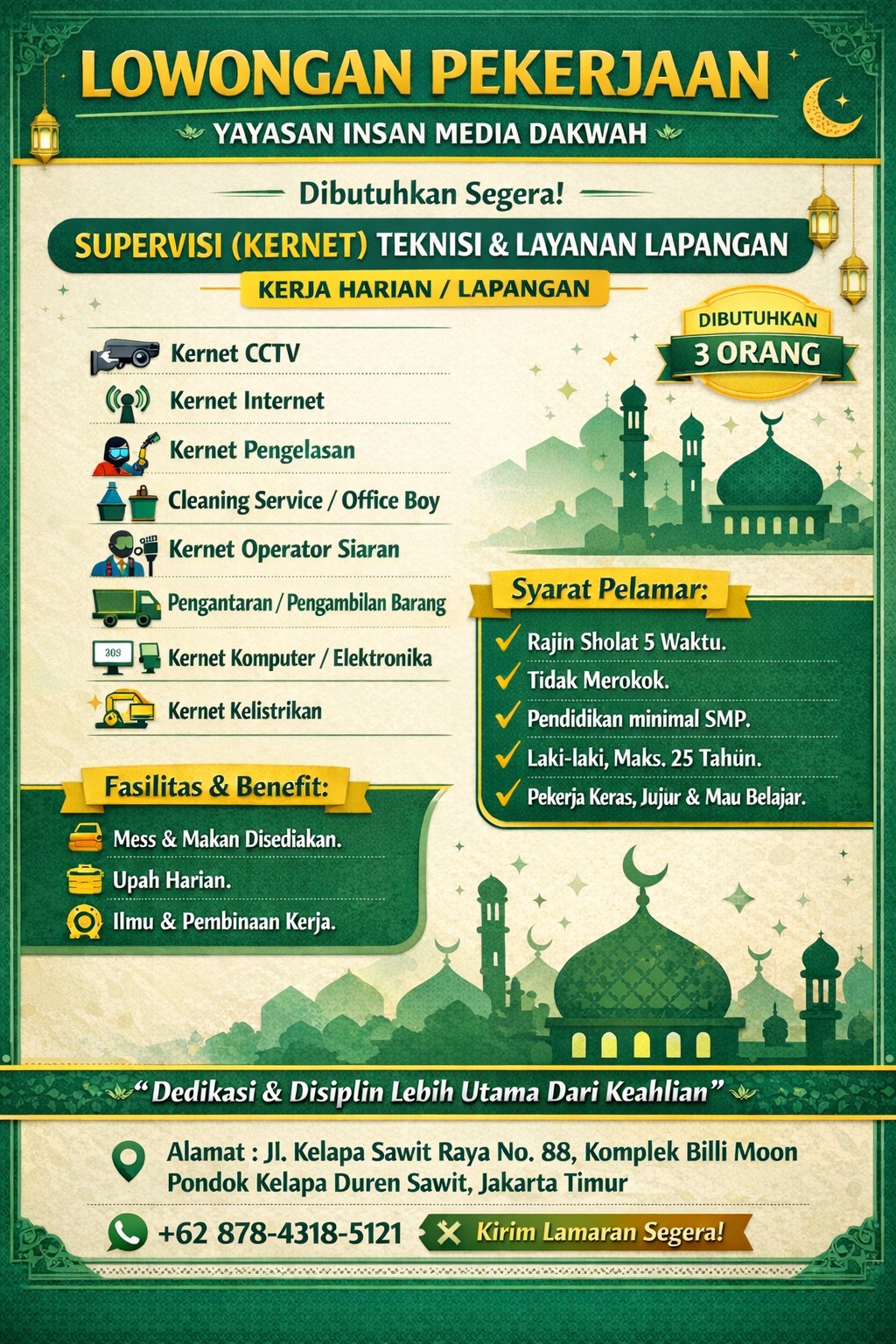 LOWONGAN KERJA: SUPERVISI (KERNET) TEKNISI & LAYANAN LAPANGAN